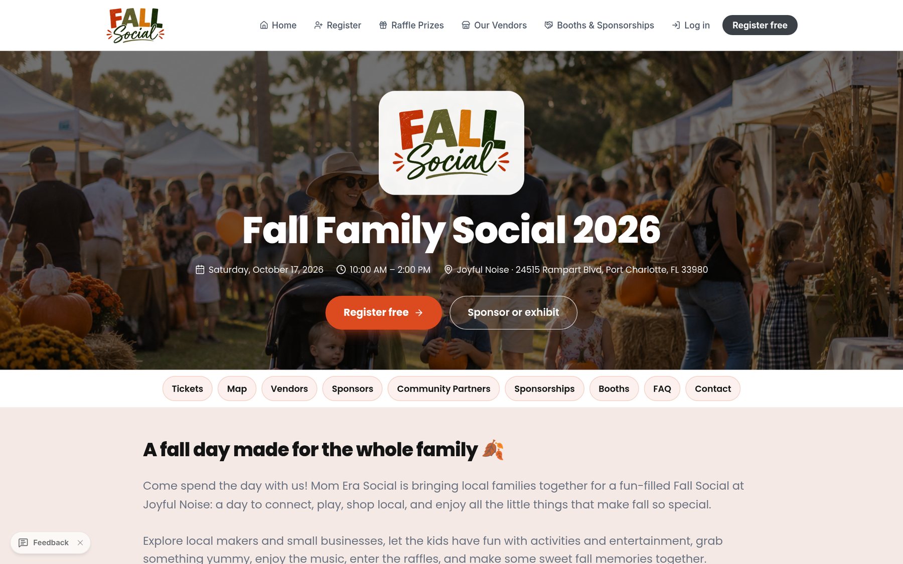 Fall Family Social event page built on Flagship Events