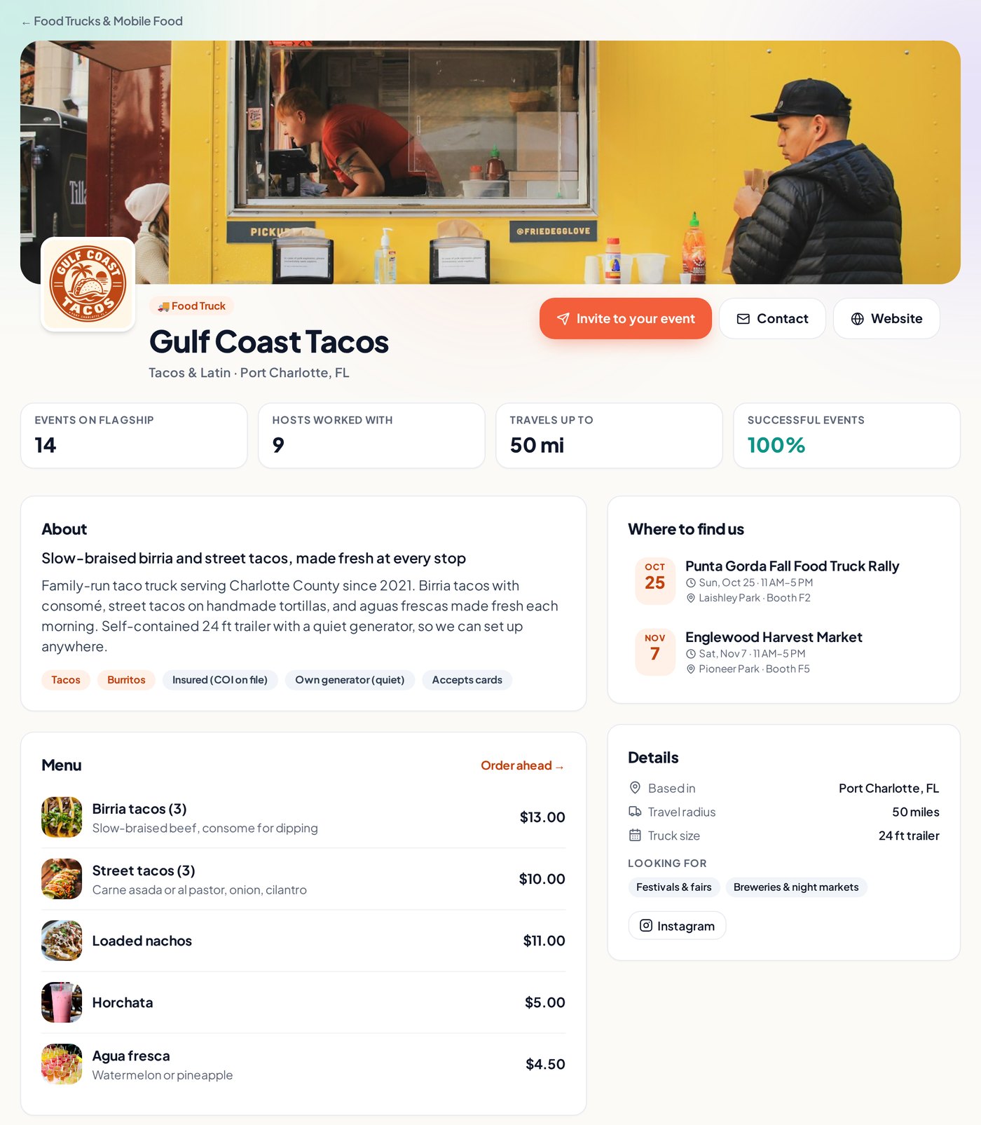 A food truck profile on the Flagship Events Vendor Network