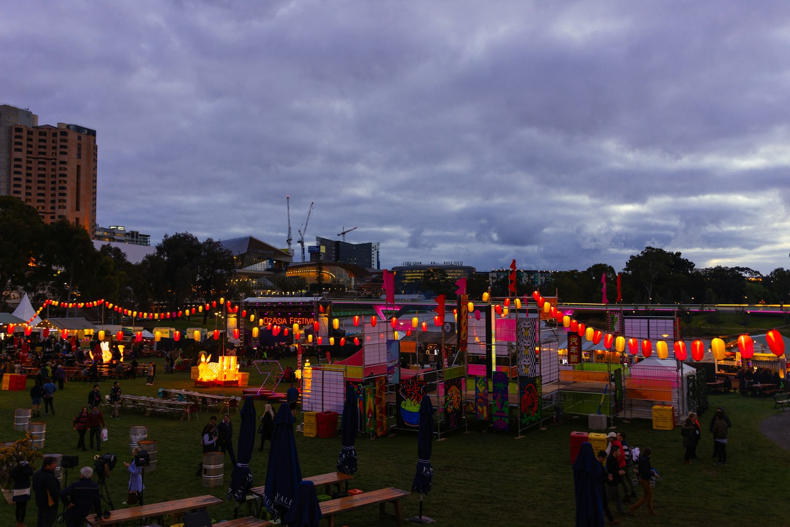 Evening festival with tents and string lights